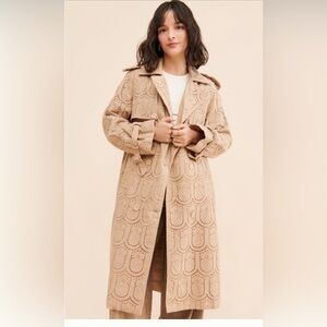 Farm Rio Eyelet Trench Coat – Tan Embroidered Long Jacket Sz M